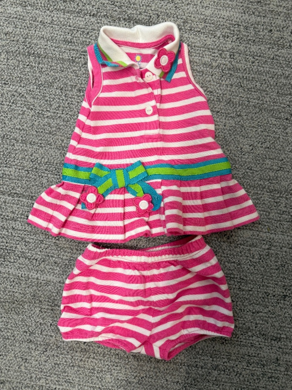 Florence Eiseman Pink and White Striped Girls Set with Floral Detail